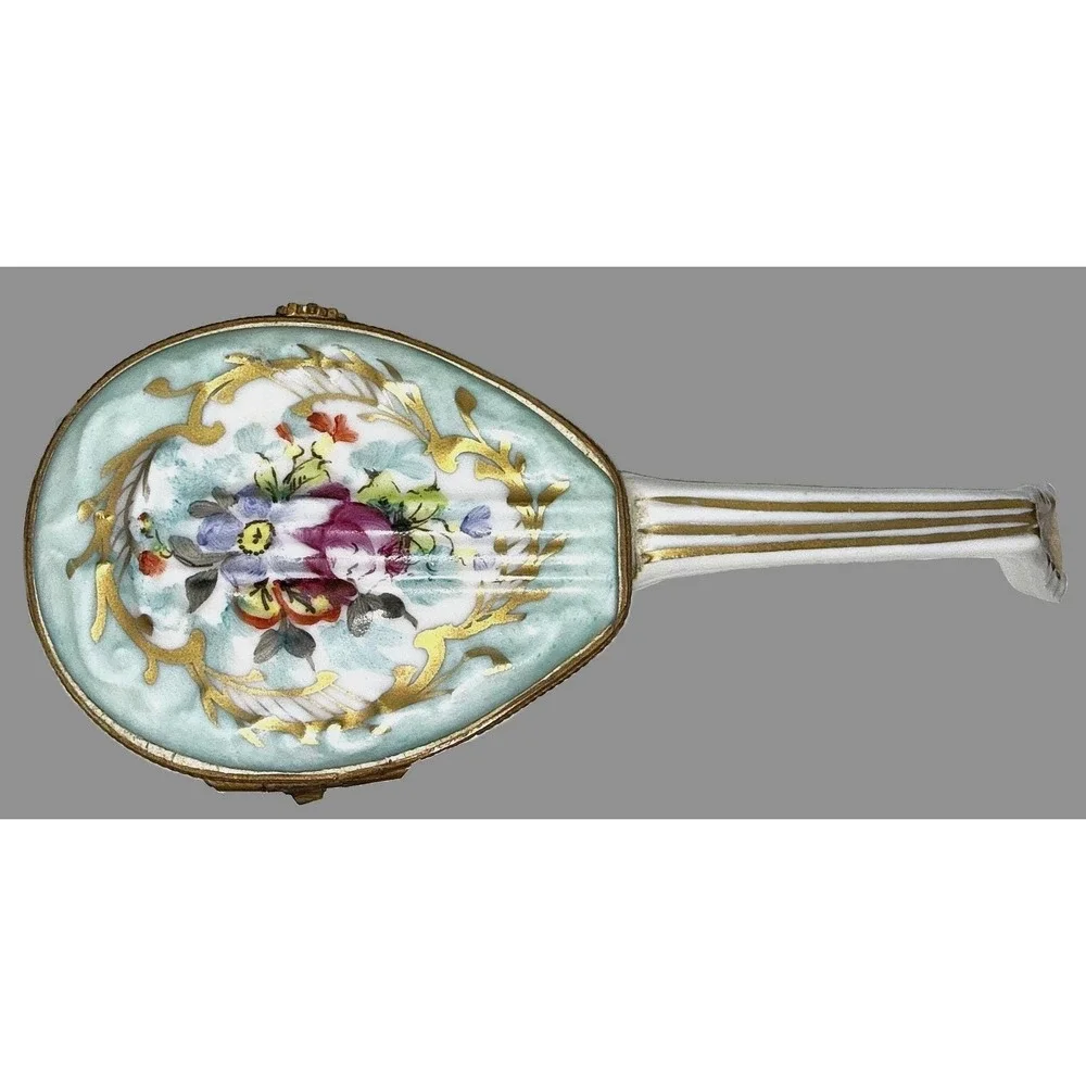 Antique Sevres Style Porcelain Mandolin Trinket Box Hand Paint Hinged Snuff Pill
